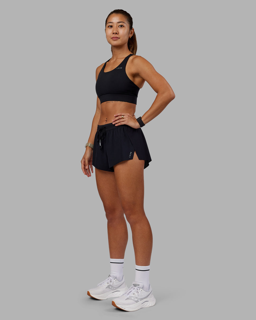 Woman wearing Accelerate 3&quot; Running Short - Black | Model:Vanessa | Size:S