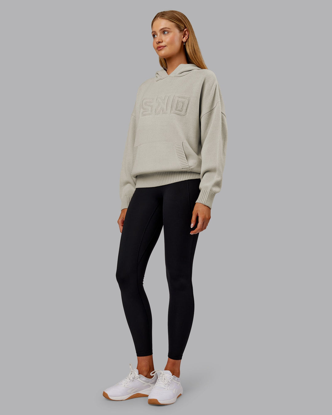 Woman wearing All Day Active Knitted Hoodie - Shale Beige | Model:Ella | Size:S
