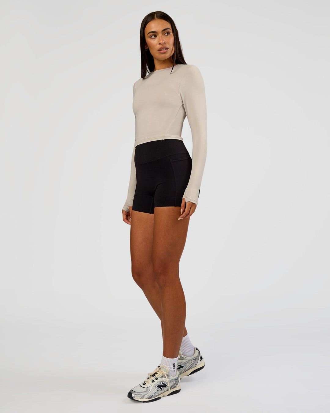 Woman wearing All Day Long Sleeve Tee - Shale Beige | Model:Ruby | Size:S - view 6