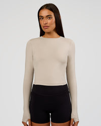 Woman wearing All Day Long Sleeve Tee - Shale Beige | Model:Ruby | Size:S | Thumbnail Index: 0