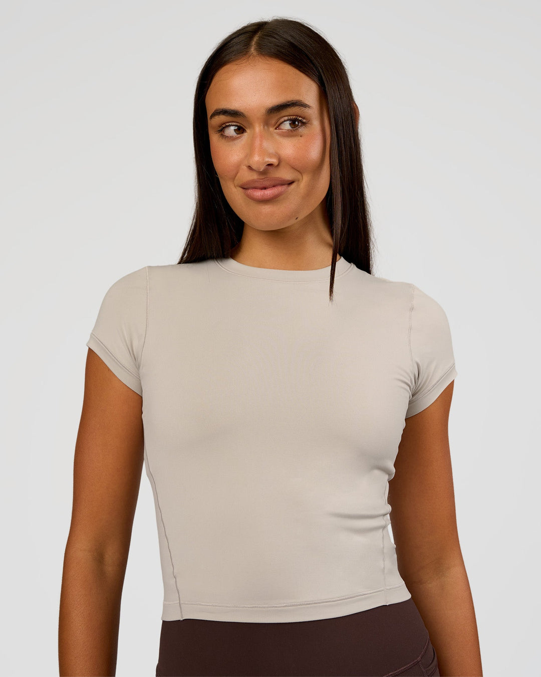 Woman wearing All Day Short Sleeve Tee - Shale Beige | Model:Ruby | Size:S - view 1
