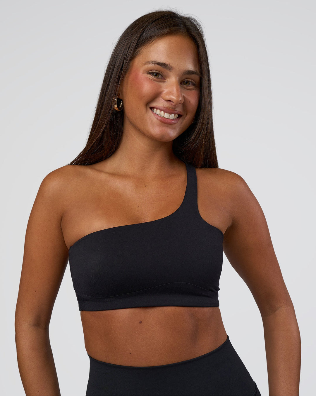Woman wearing Angle Sports Bra - Black | Model:Bianca | Size:S