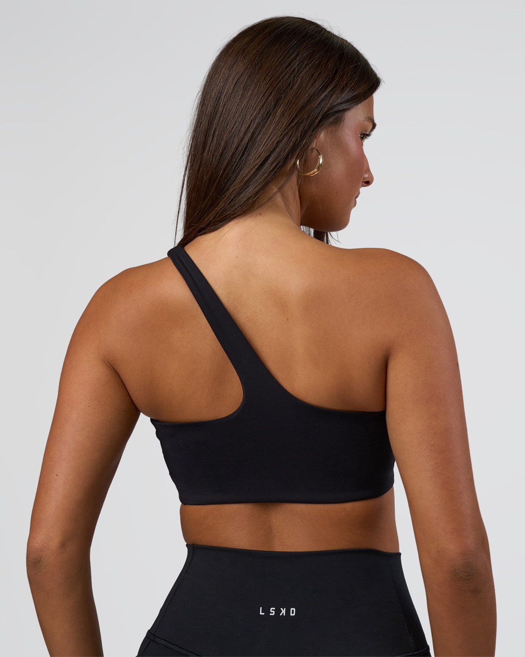 Woman wearing Angle Sports Bra - Black | Model:Bianca | Size:S
