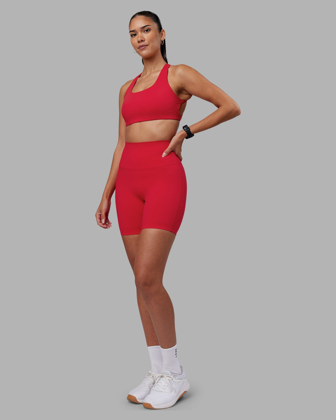 Woman wearing Aspire Sports Bra - Scarlet | Model:Rhiley | Size:S - view 3