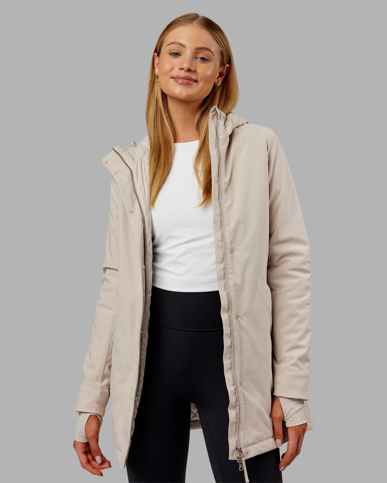 Woman wearing Auxiliary 2.0 Jacket - Shale Beige | Model:Ella | Size:S