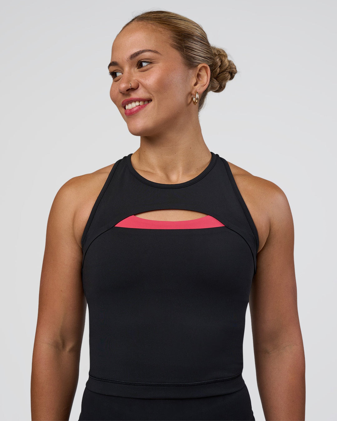 Woman wearing Be Bold Performance Tank - Black | Model:Tenaya | Size:S
