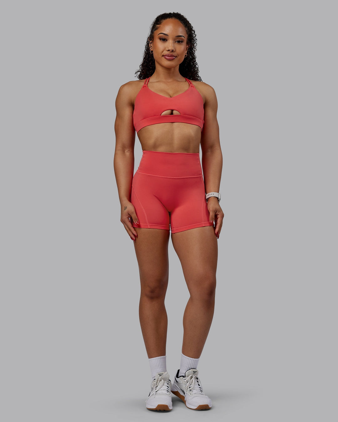 Woman wearing Bend X-Length Shorts - Cayenne