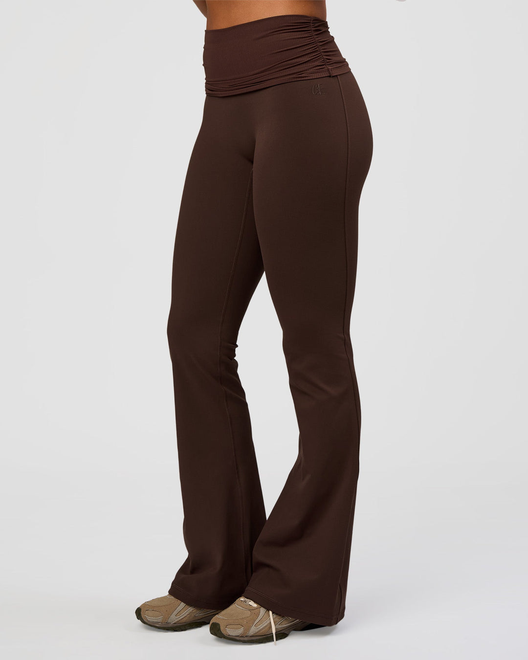 Woman wearing CF Fold Over High-Rise Flared Legging Tall - Hot Chocolate | Model:Rosie | Size:S