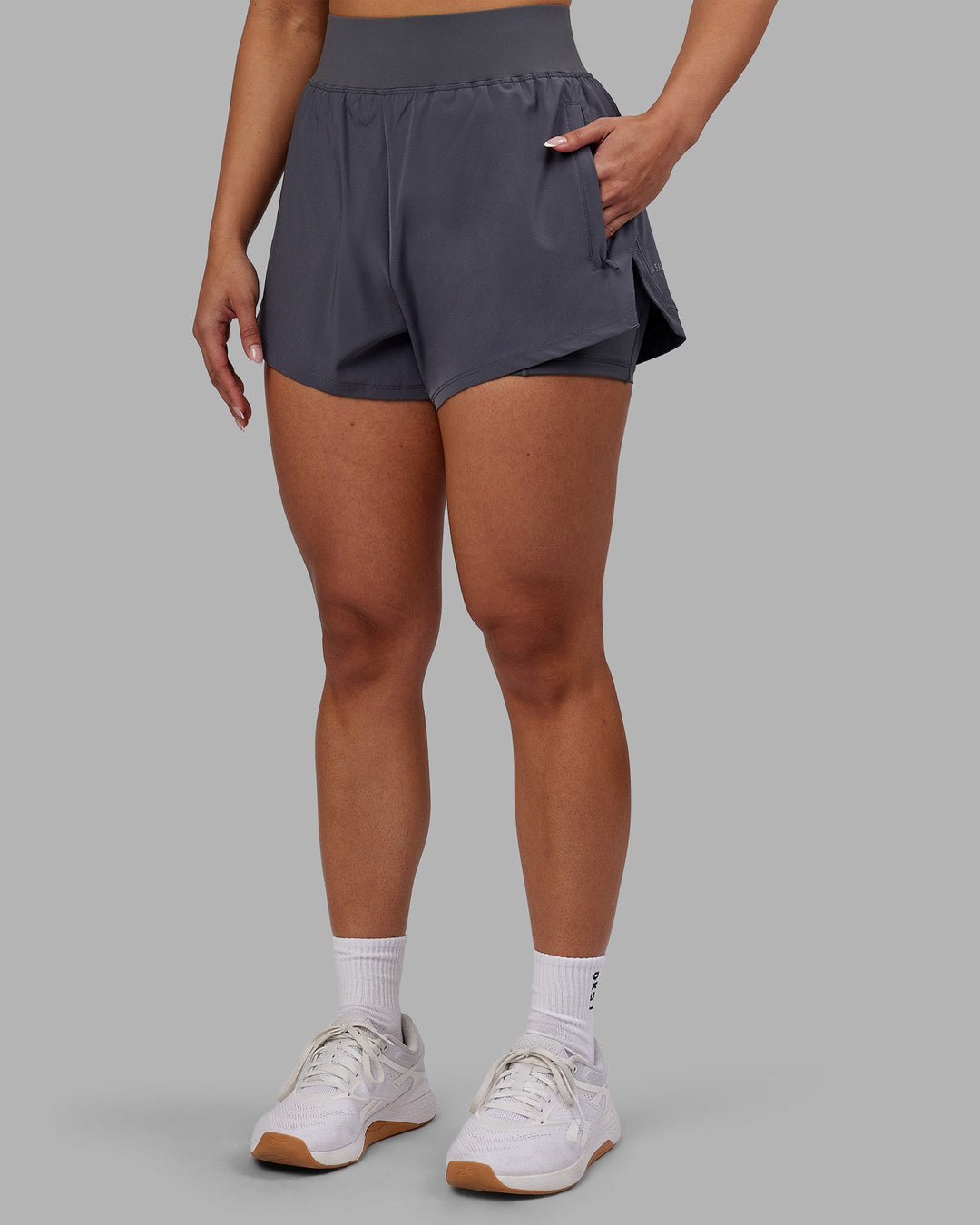 Woman wearing Challenger 3&quot; Lined Performance Short - Dark Storm | Model:Ayla | Size:S