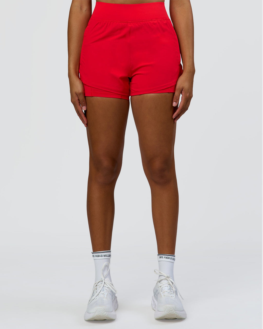 Woman wearing Challenger 3" Lined Performance Short - Scarlet | Model:Rosie | Size:S