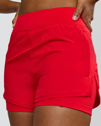 Woman wearing Challenger 3" Lined Performance Short - Scarlet | Model:Rosie | Size:S