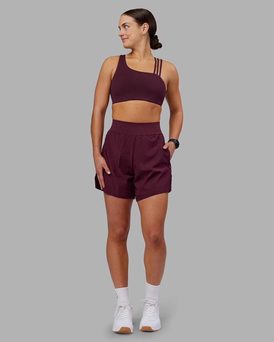 Woman wearing Challenger 5&quot; Lined Performance Short - Cherry Lacquer | Model:Keisha | Size:S