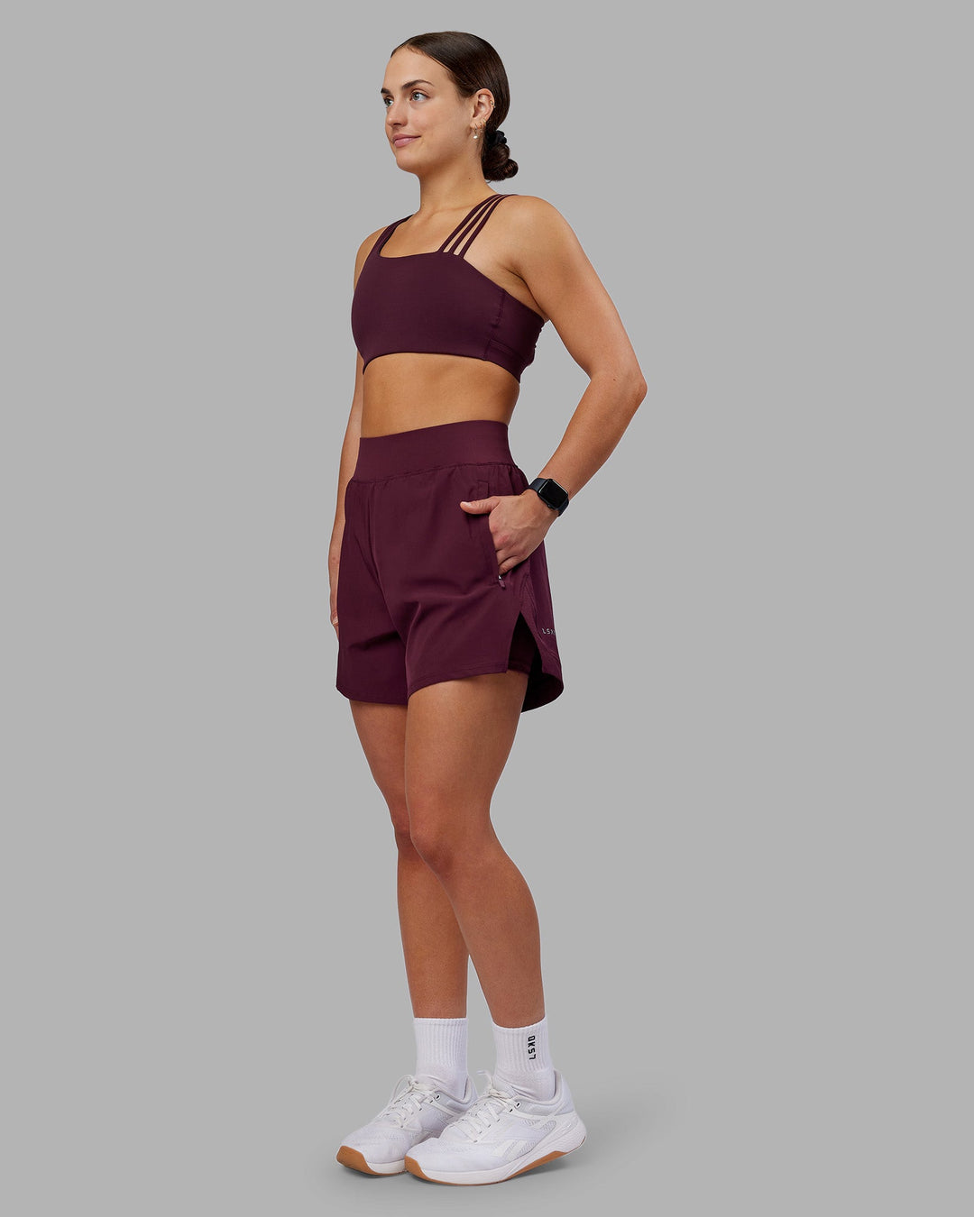 Woman wearing Challenger 5&quot; Lined Performance Short - Cherry Lacquer | Model:Keisha | Size:S