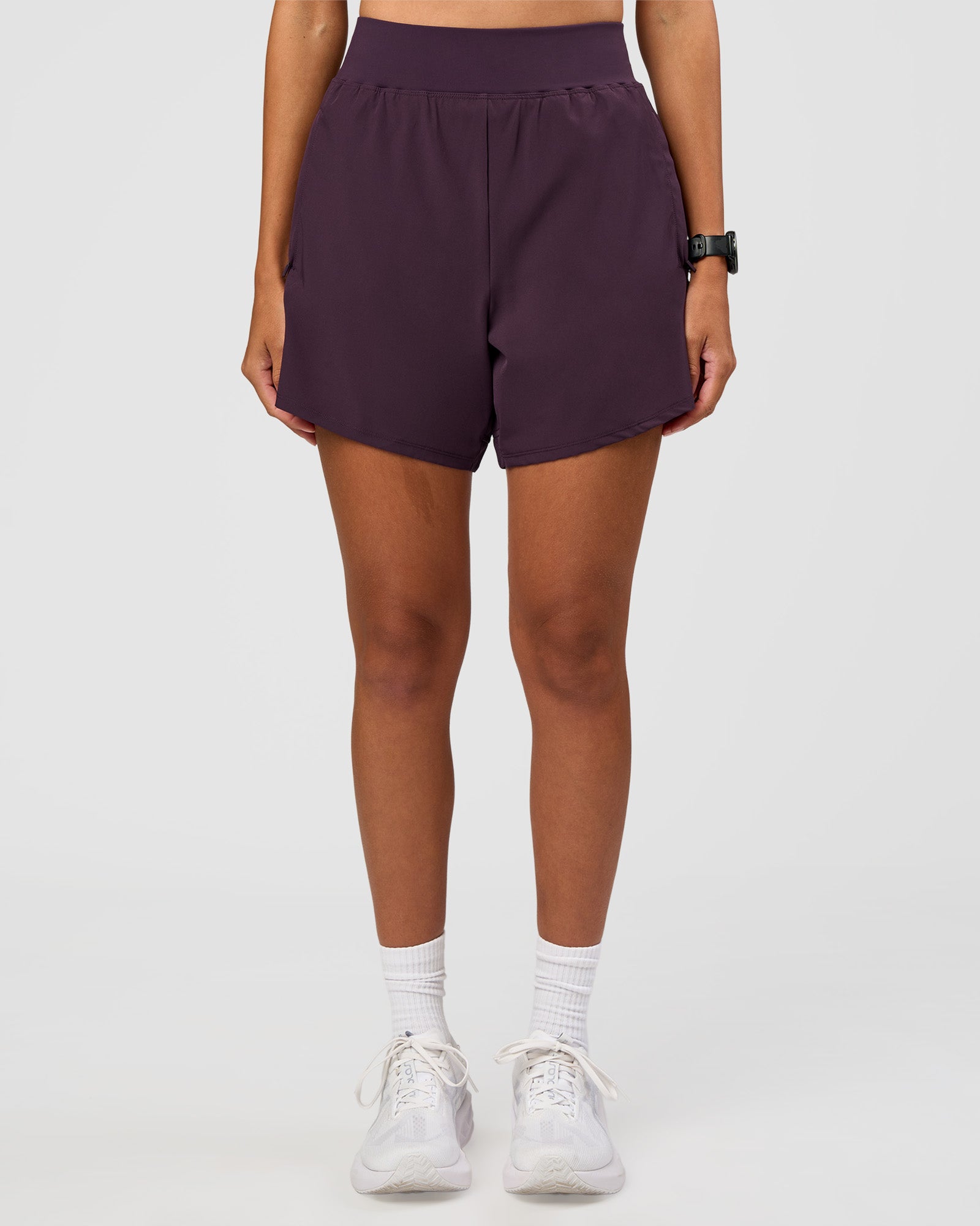 Woman wearing Challenger 5" Lined Performance Short - Midnight Plum | Model:Rhiley | Size:S