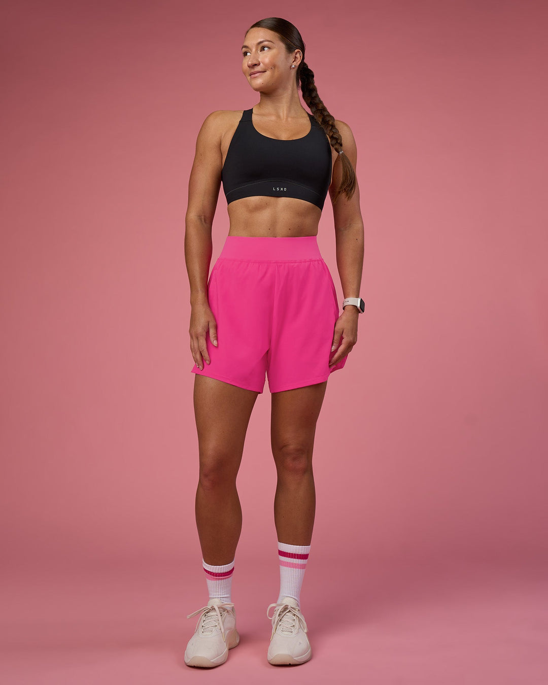 Woman wearing Challenger 5&quot; Lined Performance Short - Ultra Pink | Model:Hannah | Size:S