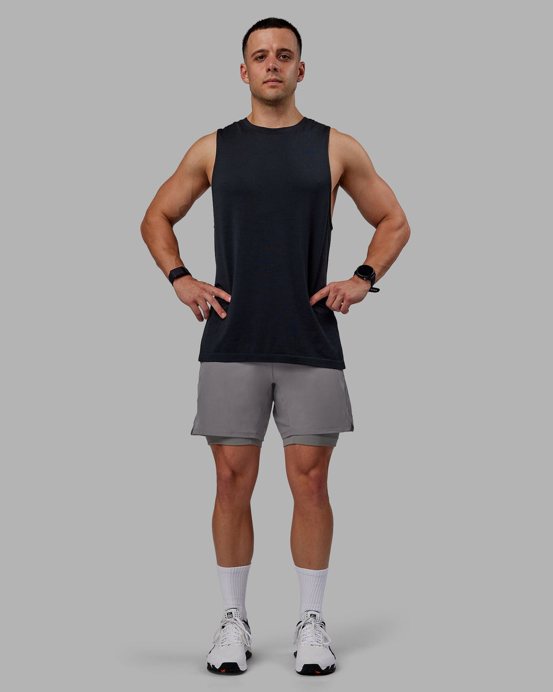 Man wearing Challenger 6&quot; Lined Performance Shorts - Storm Front