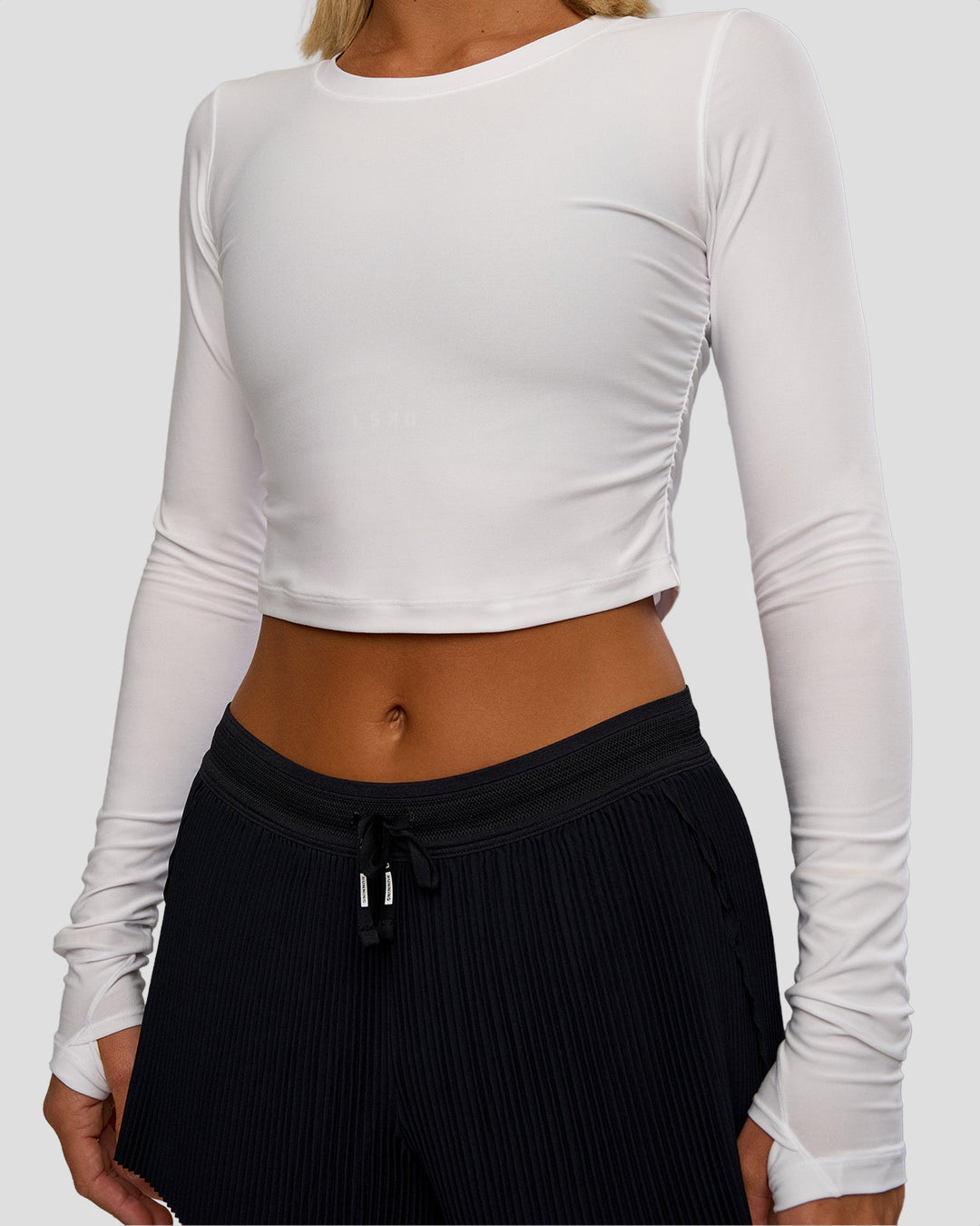 Woman wearing Clarity Long Sleeve Tee - White | Model:Amity | Size:S - view 8