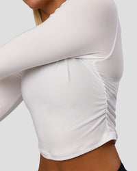 Woman wearing Clarity Long Sleeve Tee - White | Model:Amity | Size:S | Thumbnail Index: 5