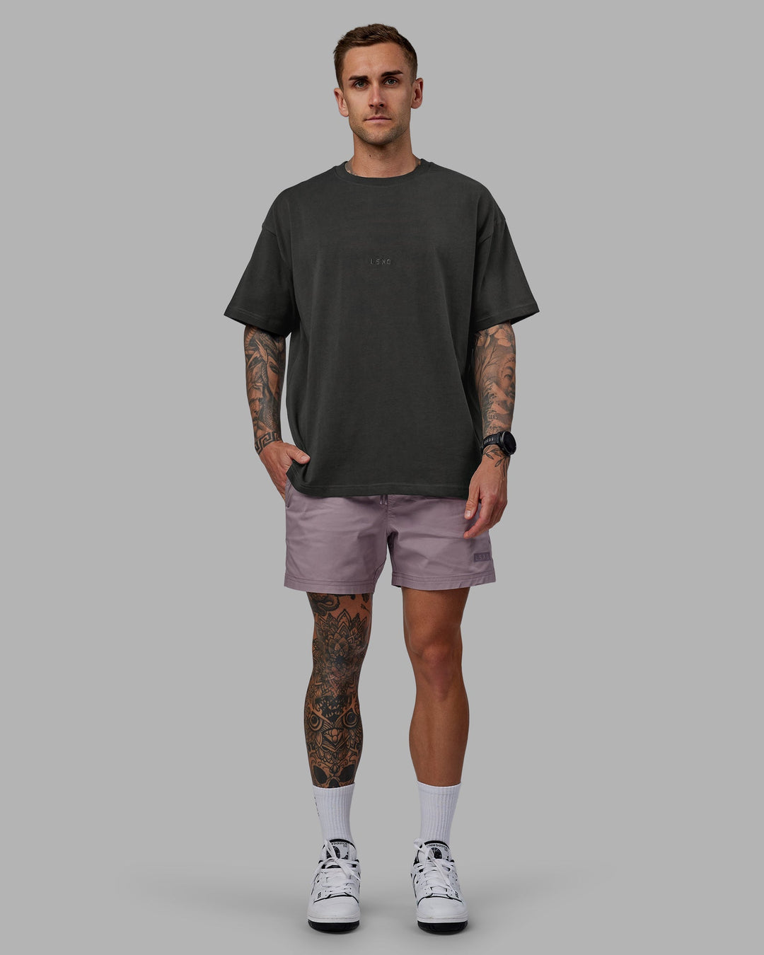 Man wearing Daily 5&quot; Shorts - Grey Purple