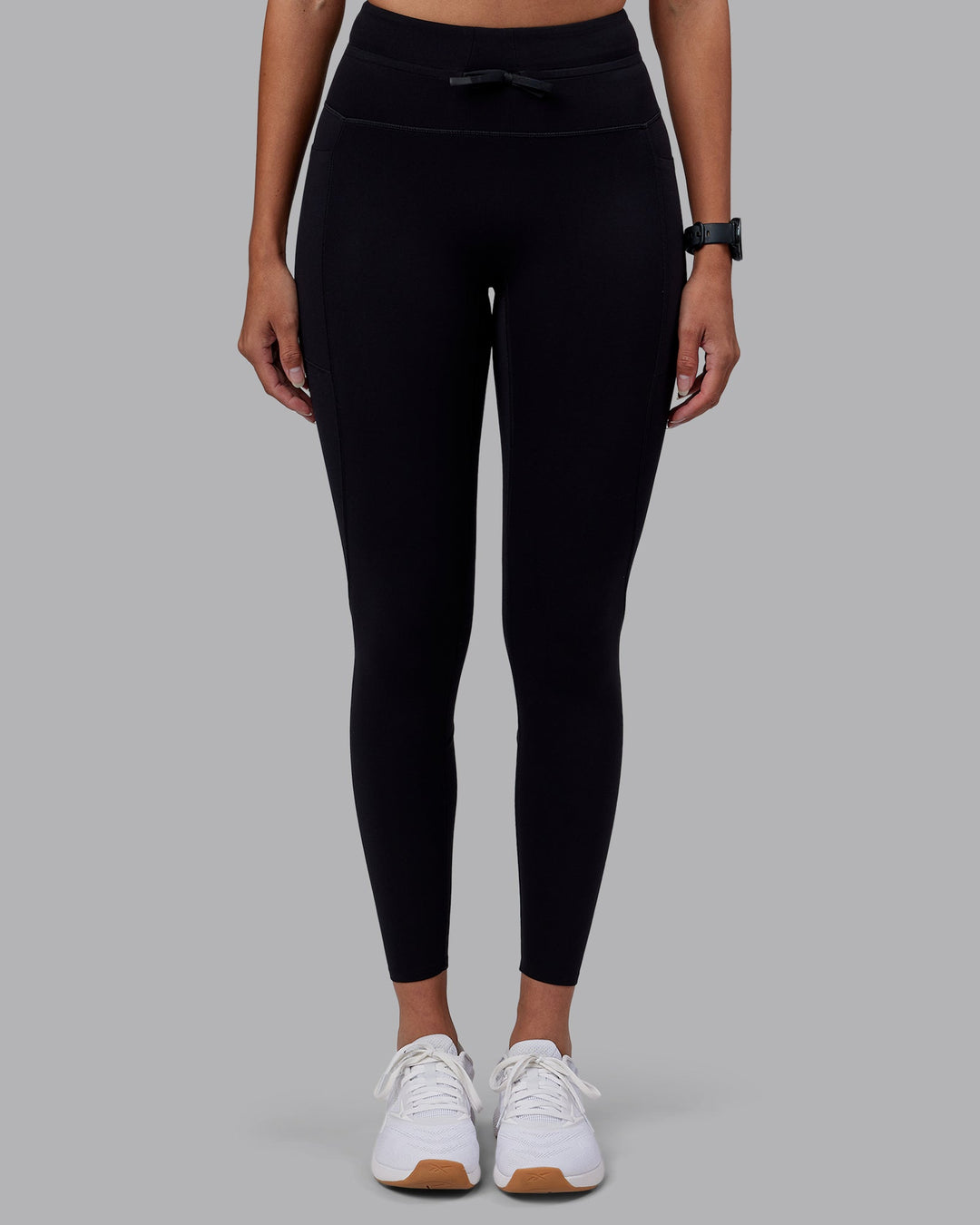 Woman wearing Effortless Drawstring Ultra High-Rise Full Length Legging Pockets - Black | Model:Rhiley | Size:S
