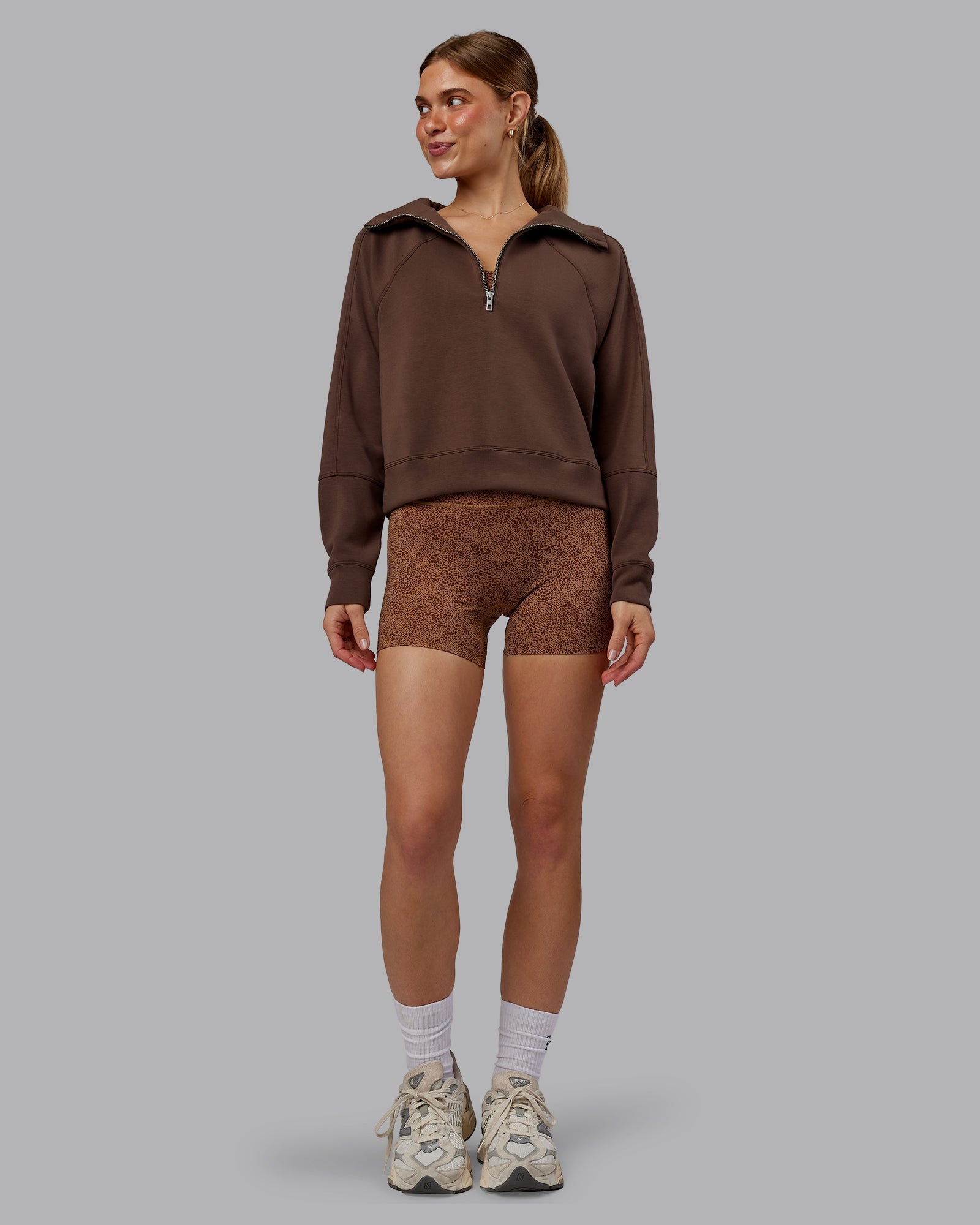 Woman wearing Elevate SoftTouch 1/2 Zip Sweater - Chocolate Martini | Model:Emilie | Size:S