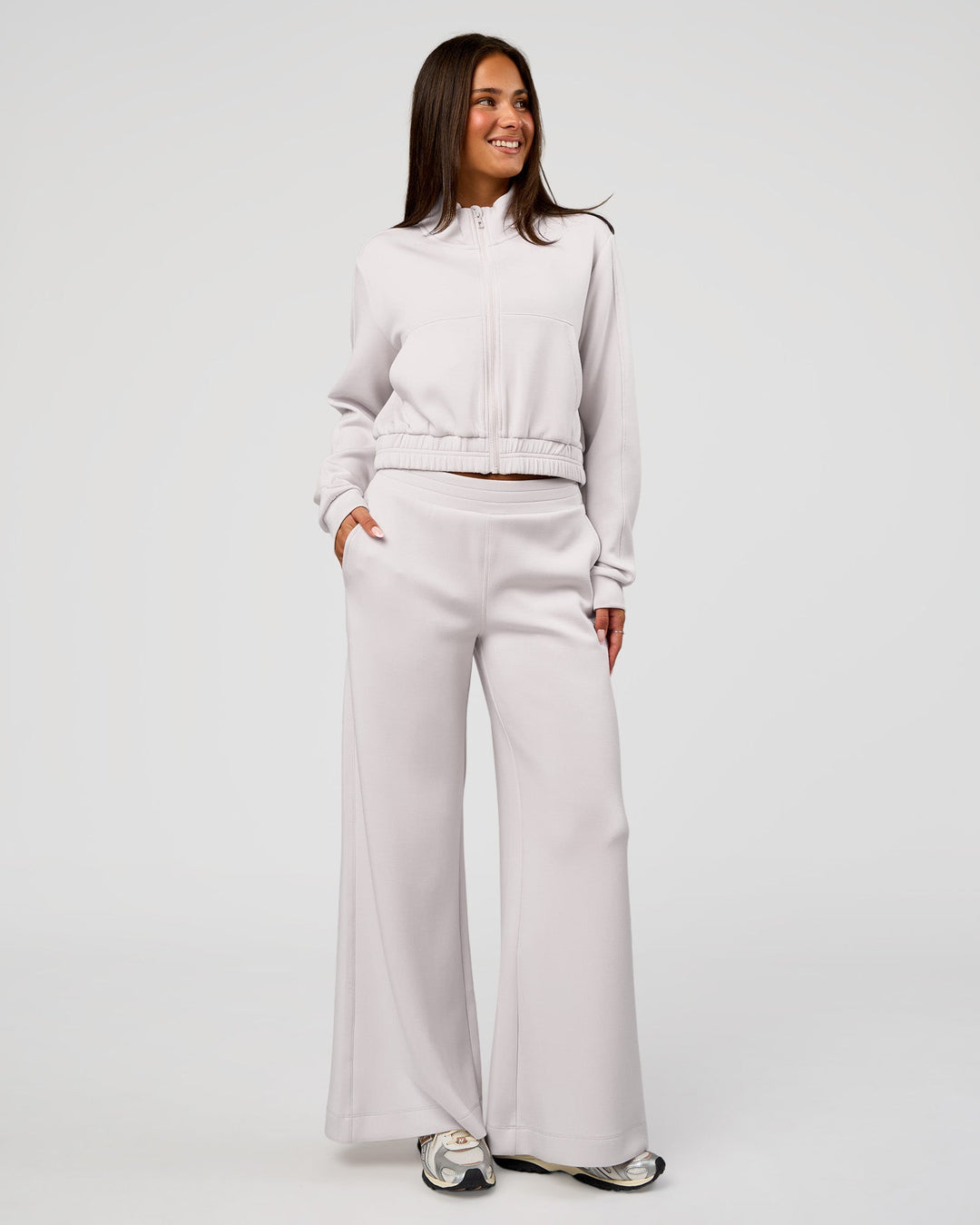 Woman wearing Elevate SoftTouch Cropped Full Zip Jacket - Clay | Model:Bianca | Size:S - view 2