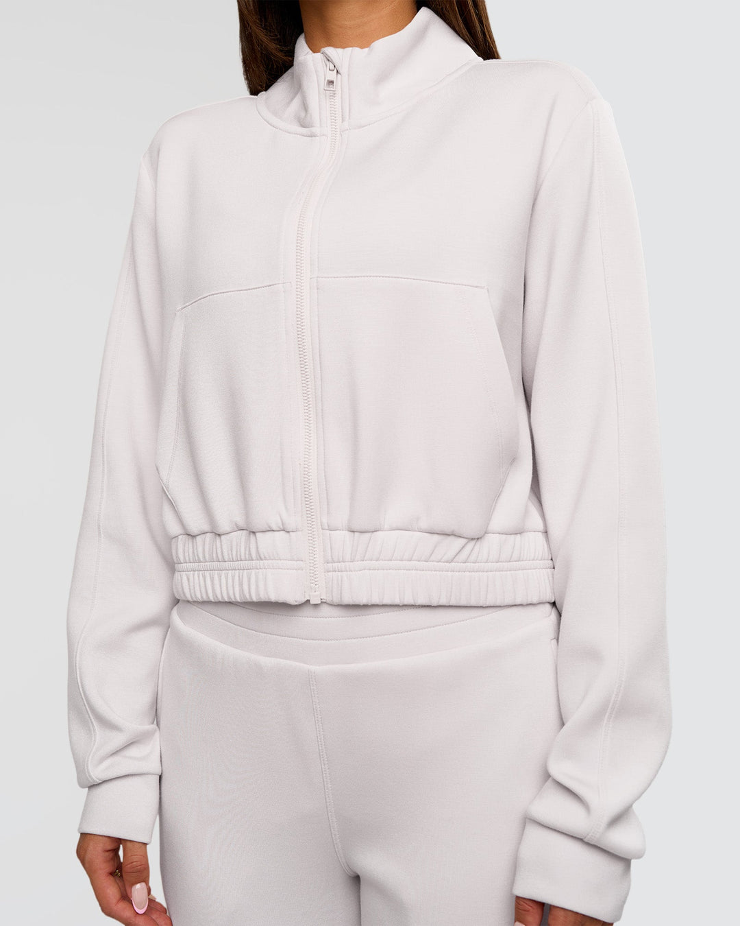 Woman wearing Elevate SoftTouch Cropped Full Zip Jacket - Clay | Model:Bianca | Size:S - view 5