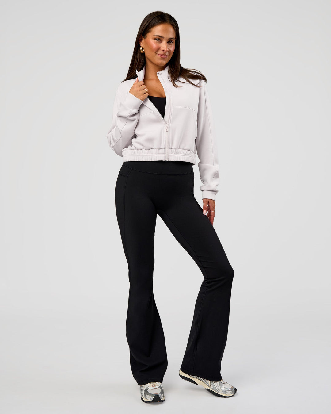 Woman wearing Elevate SoftTouch Cropped Full Zip Jacket - Clay | Model:Bianca | Size:S - view 3