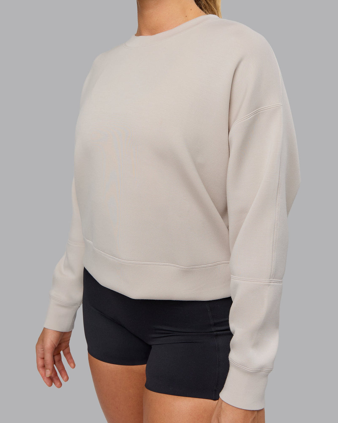 Woman wearing Elevate SoftTouch Crew Neck Sweater in Shale Beige | Size:S