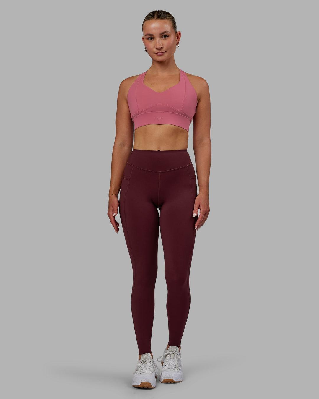 Woman wearing Elite Full Length Leggings - Dark Cherry