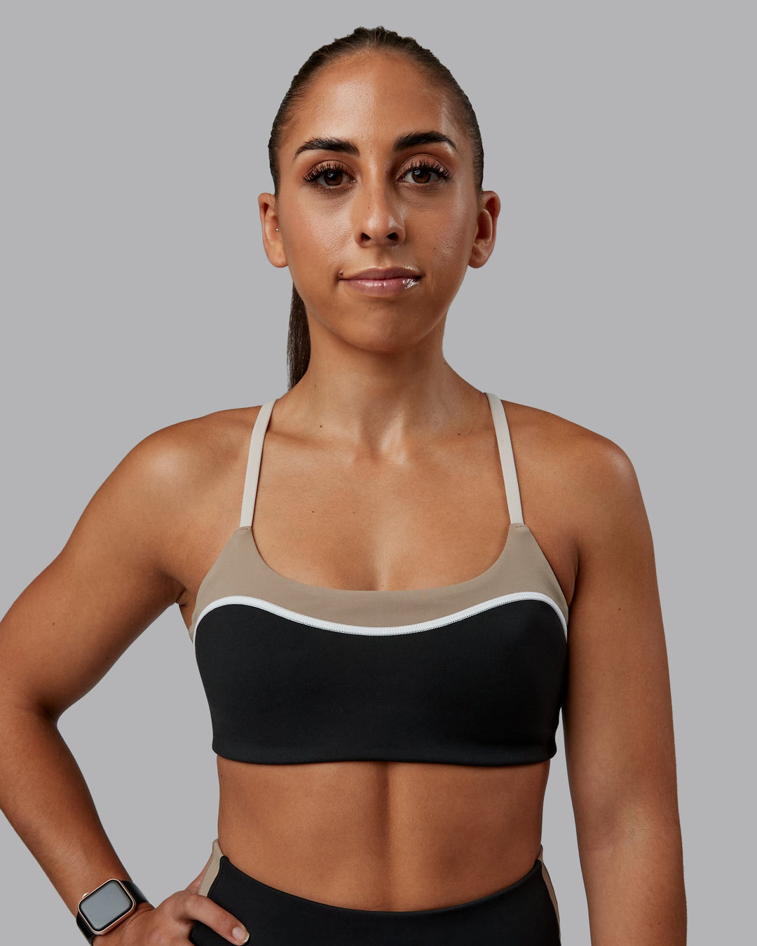 Woman wearing Embrace Sports Bra - Black-Multi| Model:Tylah | Size:S