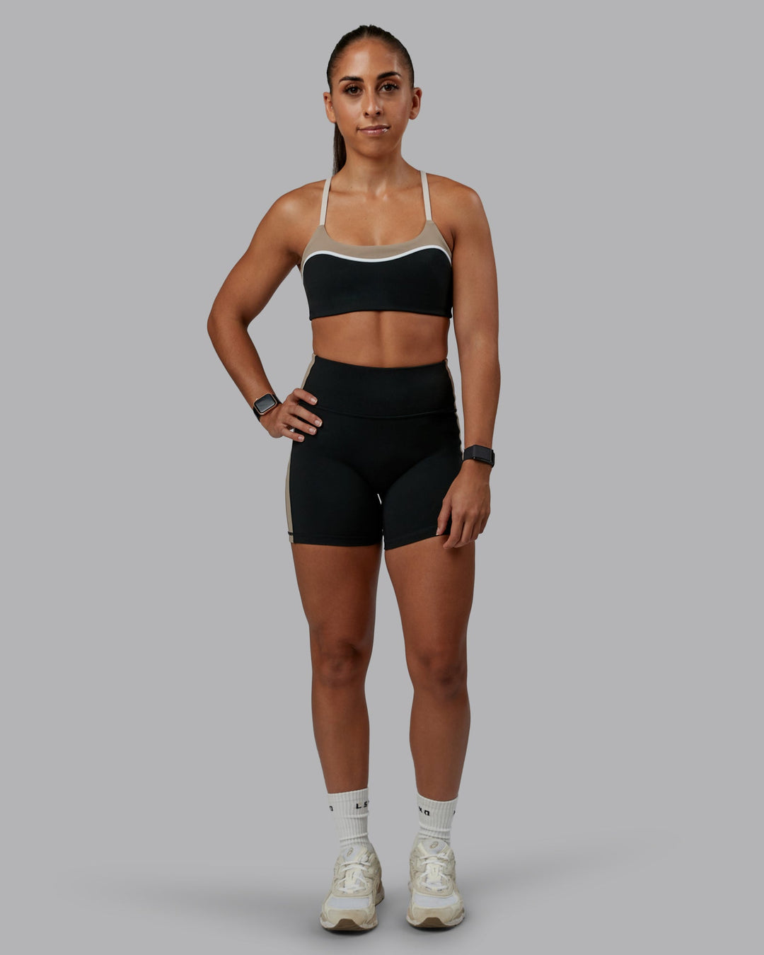 Woman wearing Embrace Sports Bra - Black-Multi| Model:Tylah | Size:S