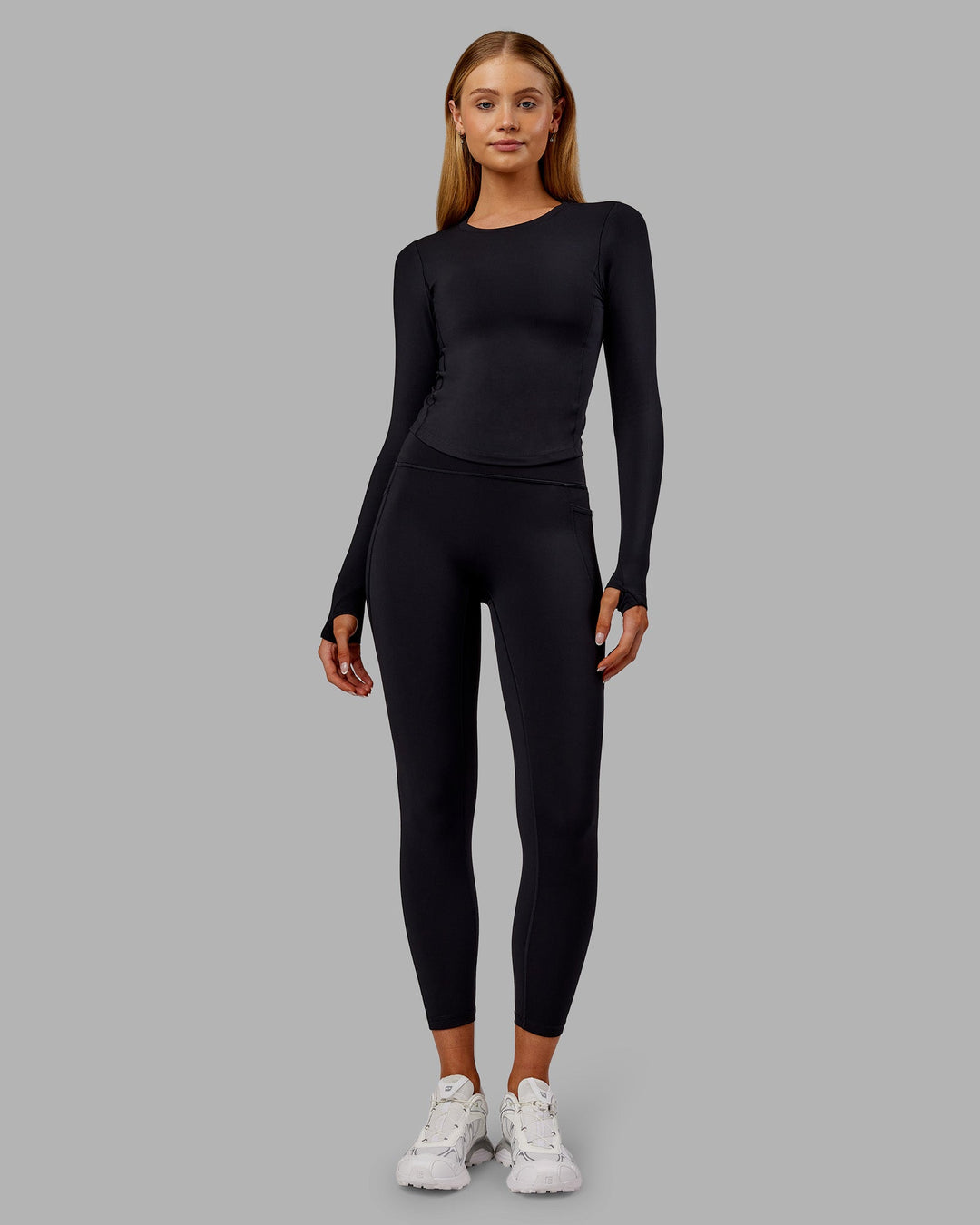 Woman wearing Embrace Thermal Long Sleeve Tee - Black | Model:Ella | Size:S
