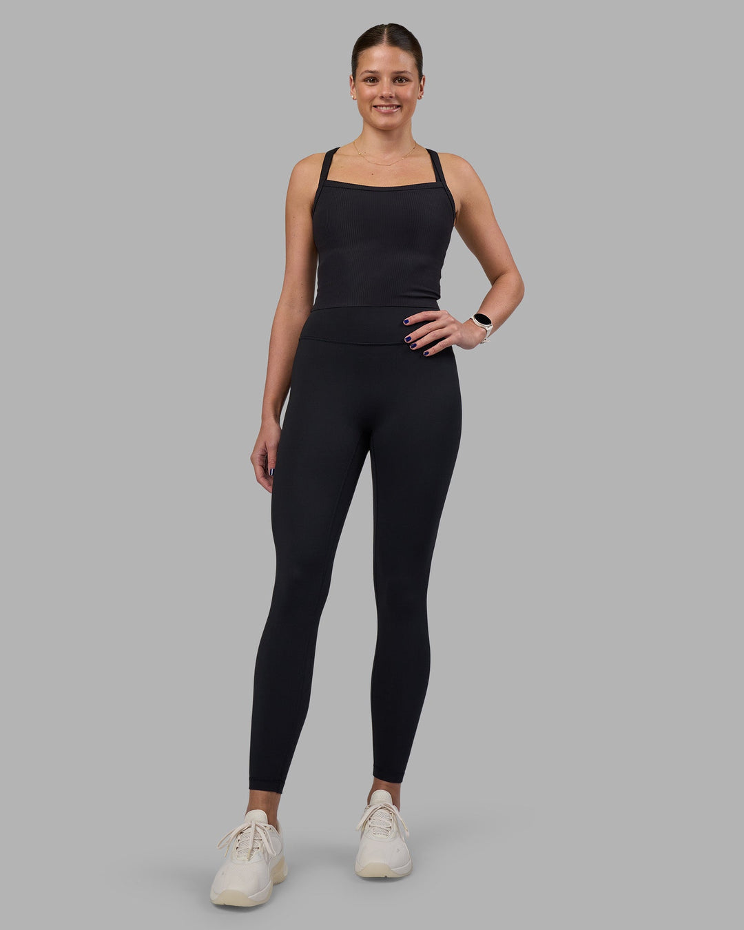 Woman wearing Flame Ribbed Tank - Black Model:Phoebe | Size:S