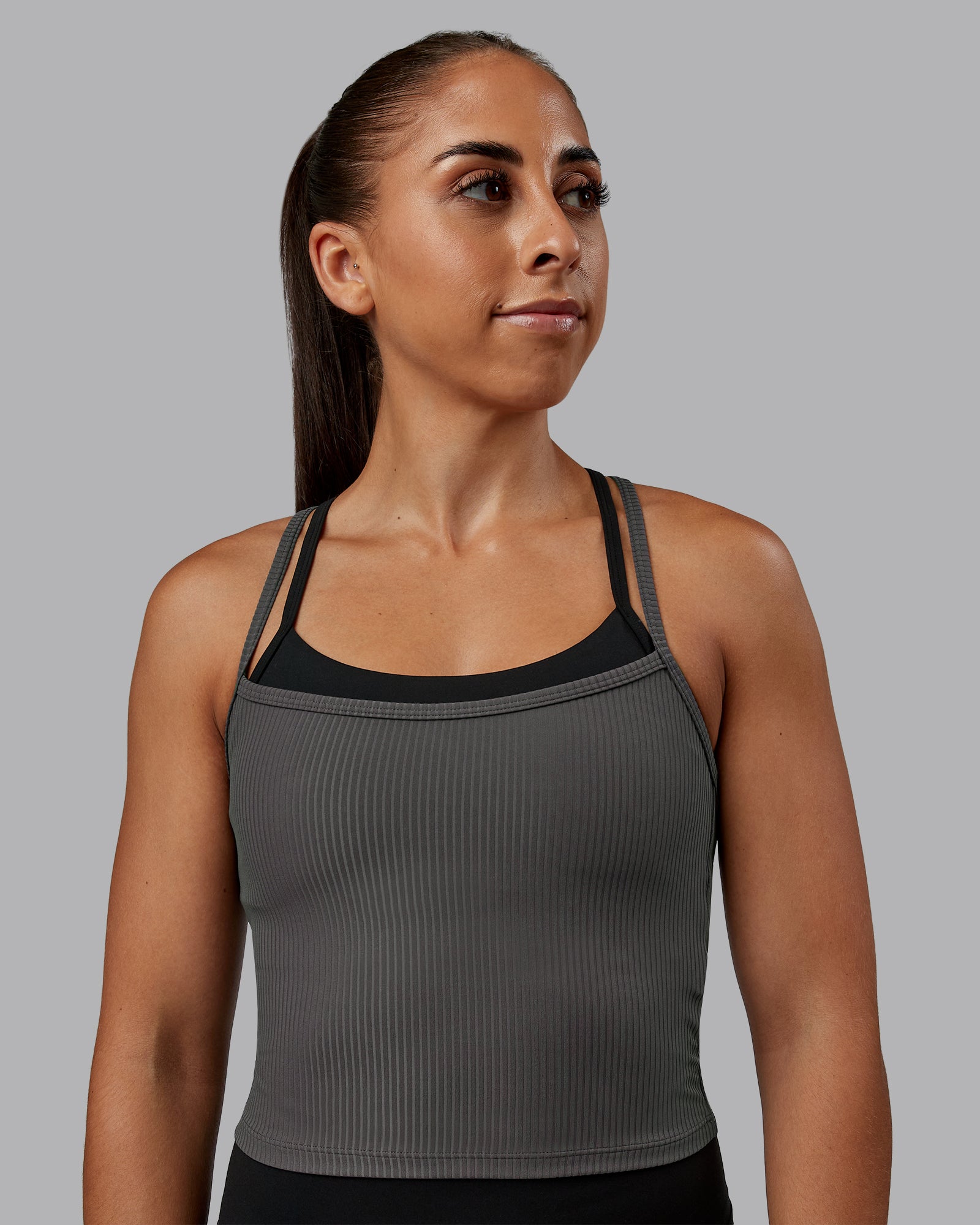 Woman wearing Flame Ribbed Tank in Dark Storm | Size:S | Model:Tylah