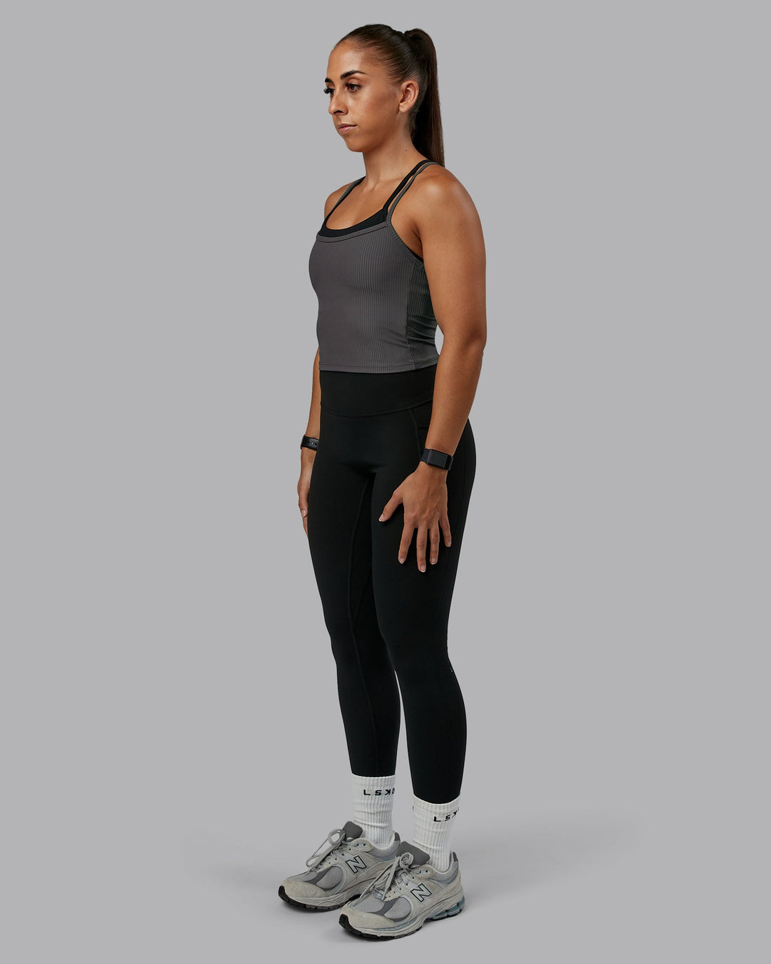 Woman wearing Flame Ribbed Tank in Dark Storm | Size:S | Model:Tylah
