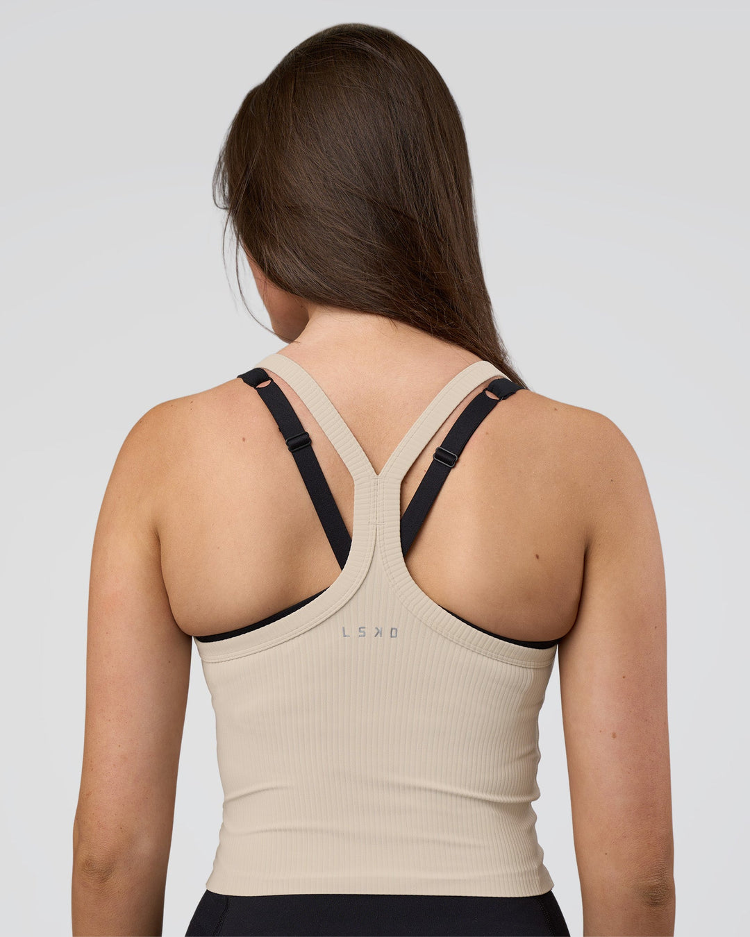 Woman wearing Flame Ribbed Tank - Shale Beige | Model:Estella | Size:S