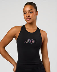 Woman wearing Flow Graphic Performance Tank 2.0 - Black-Radiate | Model:Rosie | Size:S