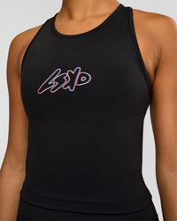 Woman wearing Flow Graphic Performance Tank 2.0 - Black-Radiate | Model:Rosie | Size:S