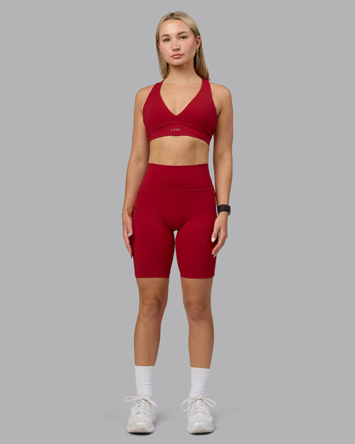 Woman wearing Fusion Bike Shorts with Pockets - Cherry Red
