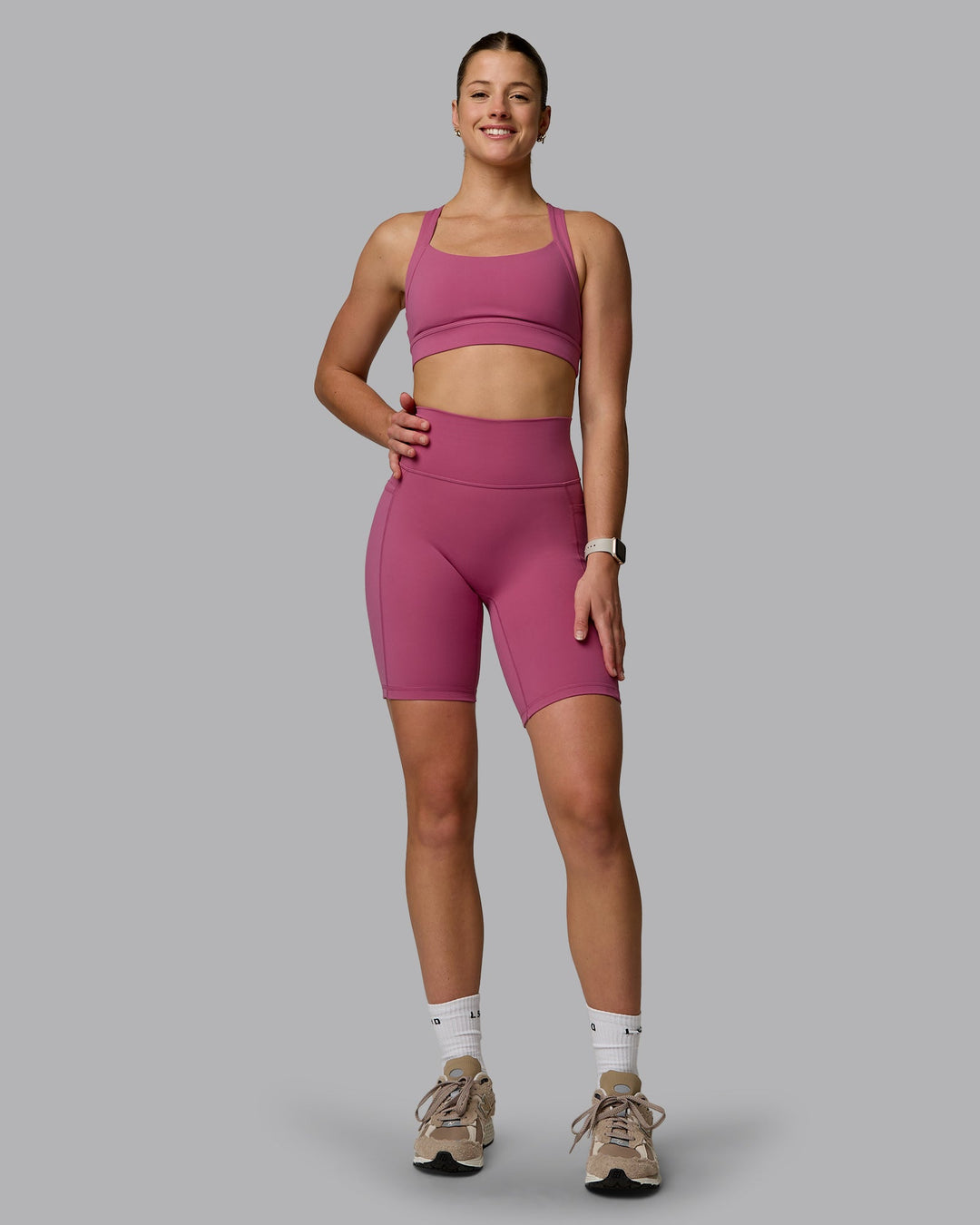 Woman wearing Fusion Bike Shorts with Pockets - Mauve Haze