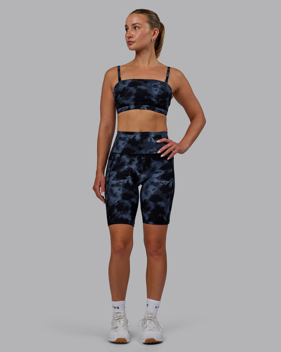 Woman wearing Fusion Bike Shorts - Tie Dye-Midnight