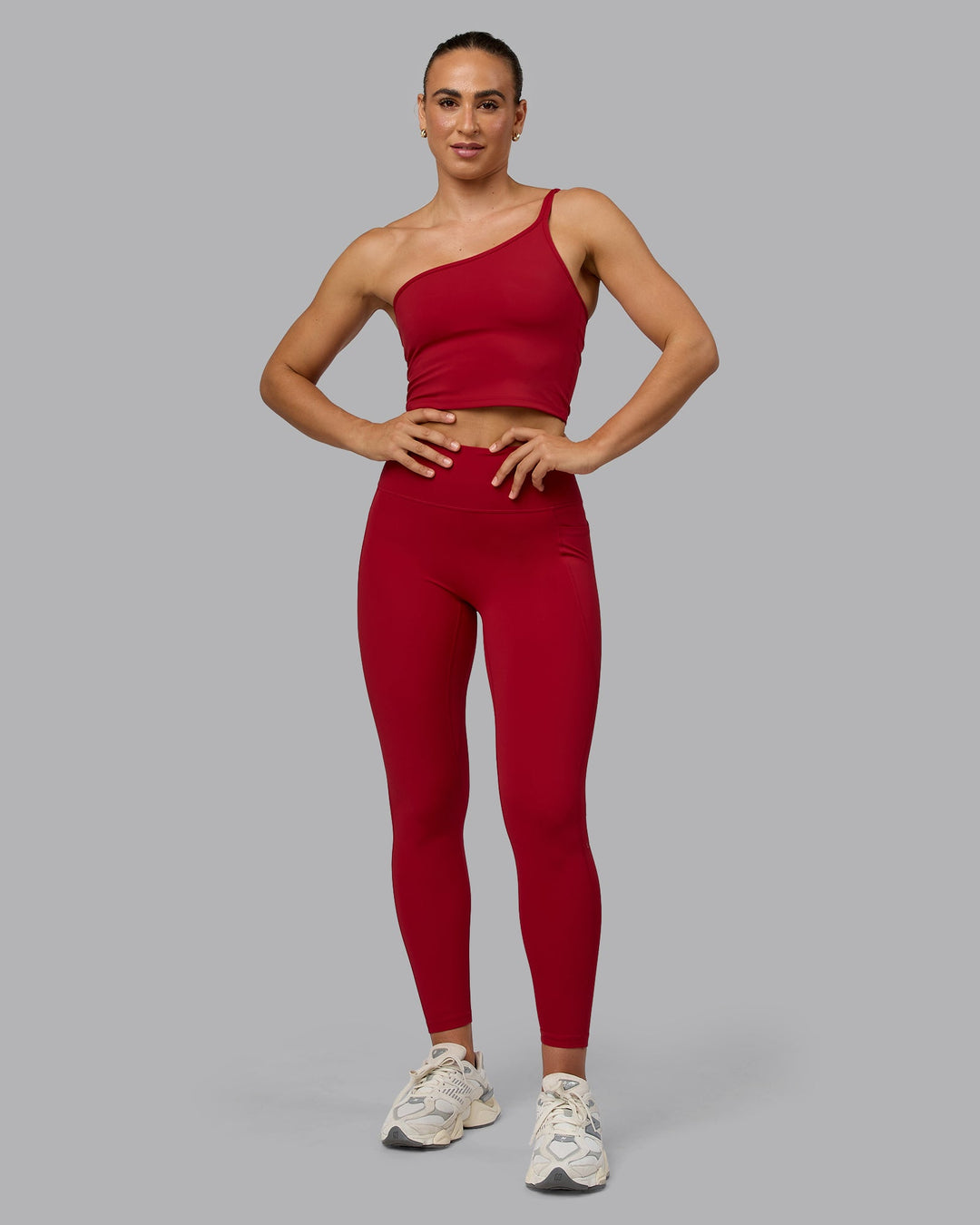 Woman wearing Fusion Full Length Tights with Pockets - Cherry Red