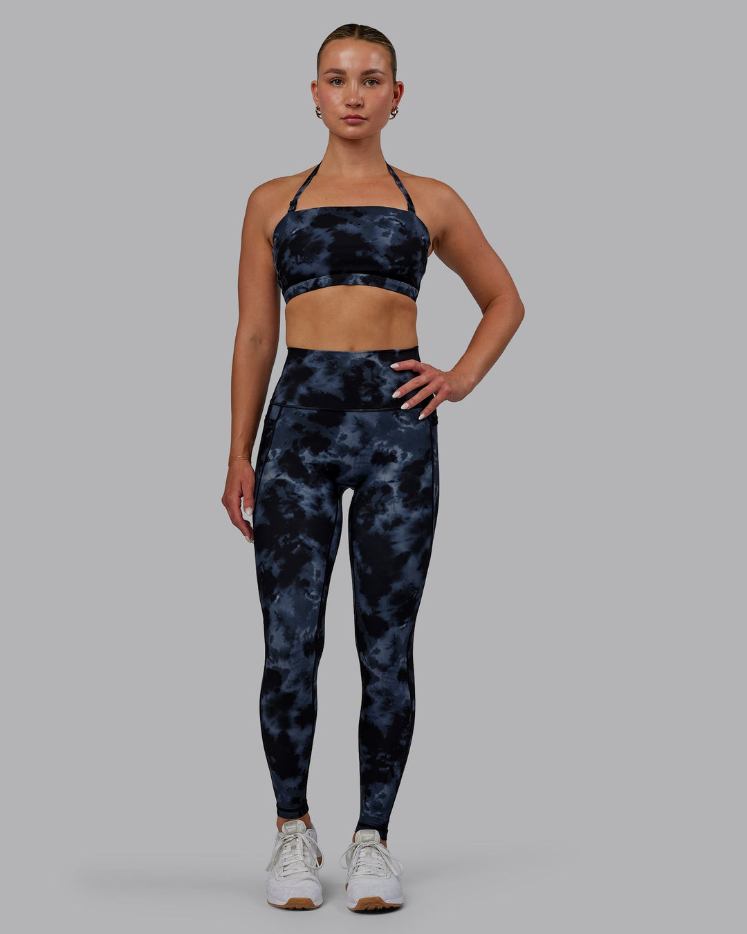 Woman wearing Fusion Full Length Leggings - Tie Dye-Midnight