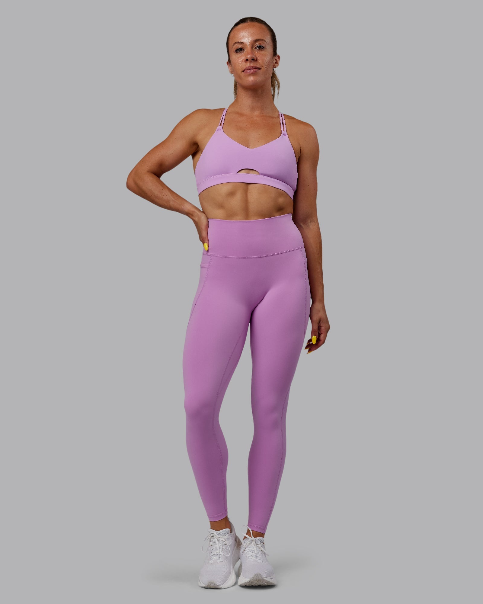 Woman wearing Fusion Ultra High-Rise Full Length Legging Pockets - Light Violet | Model:Bree | Size:S