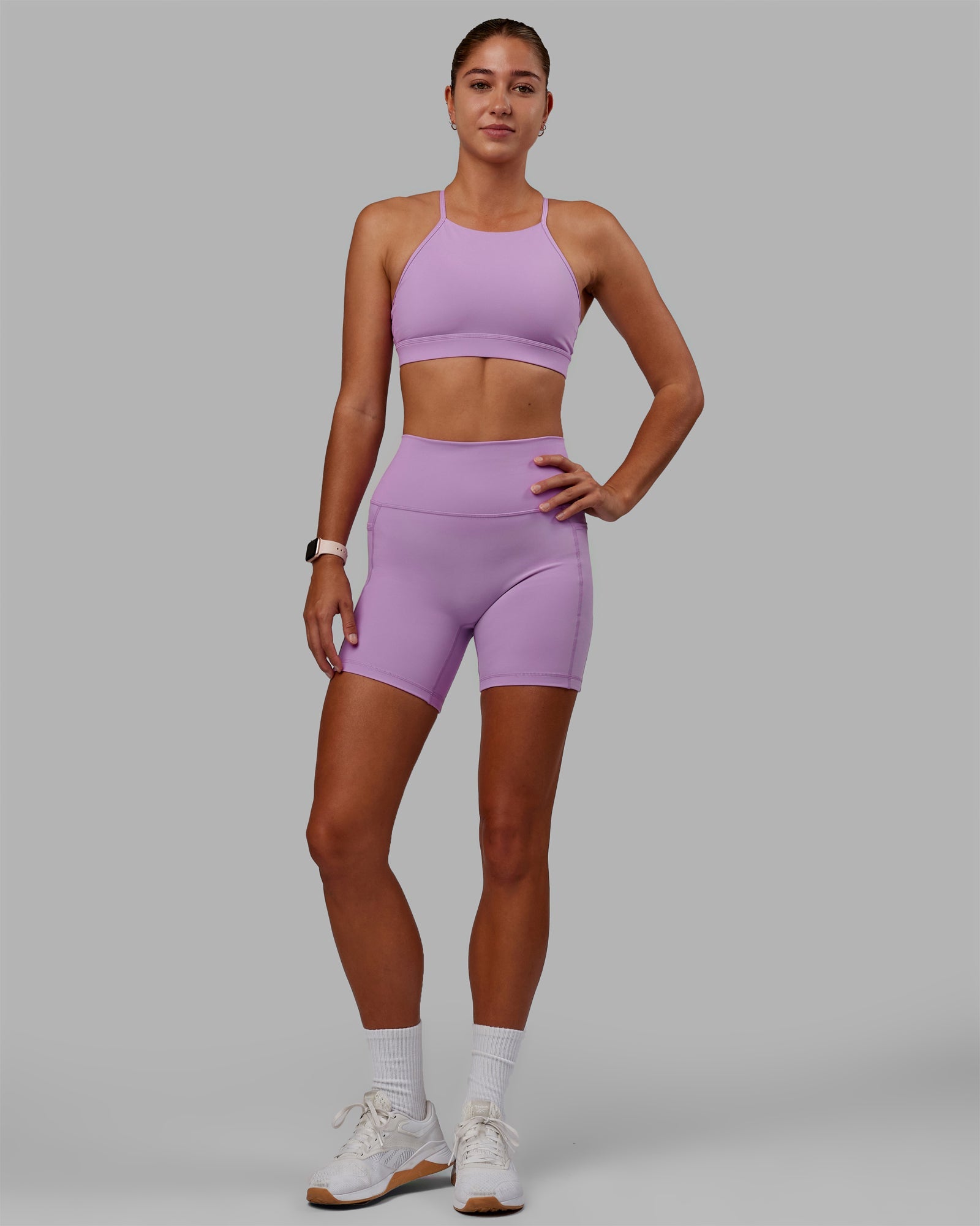Woman wearing Fusion Ultra High-Rise 6" Short Pockets - Light Violet | Model:Asia | Size:S