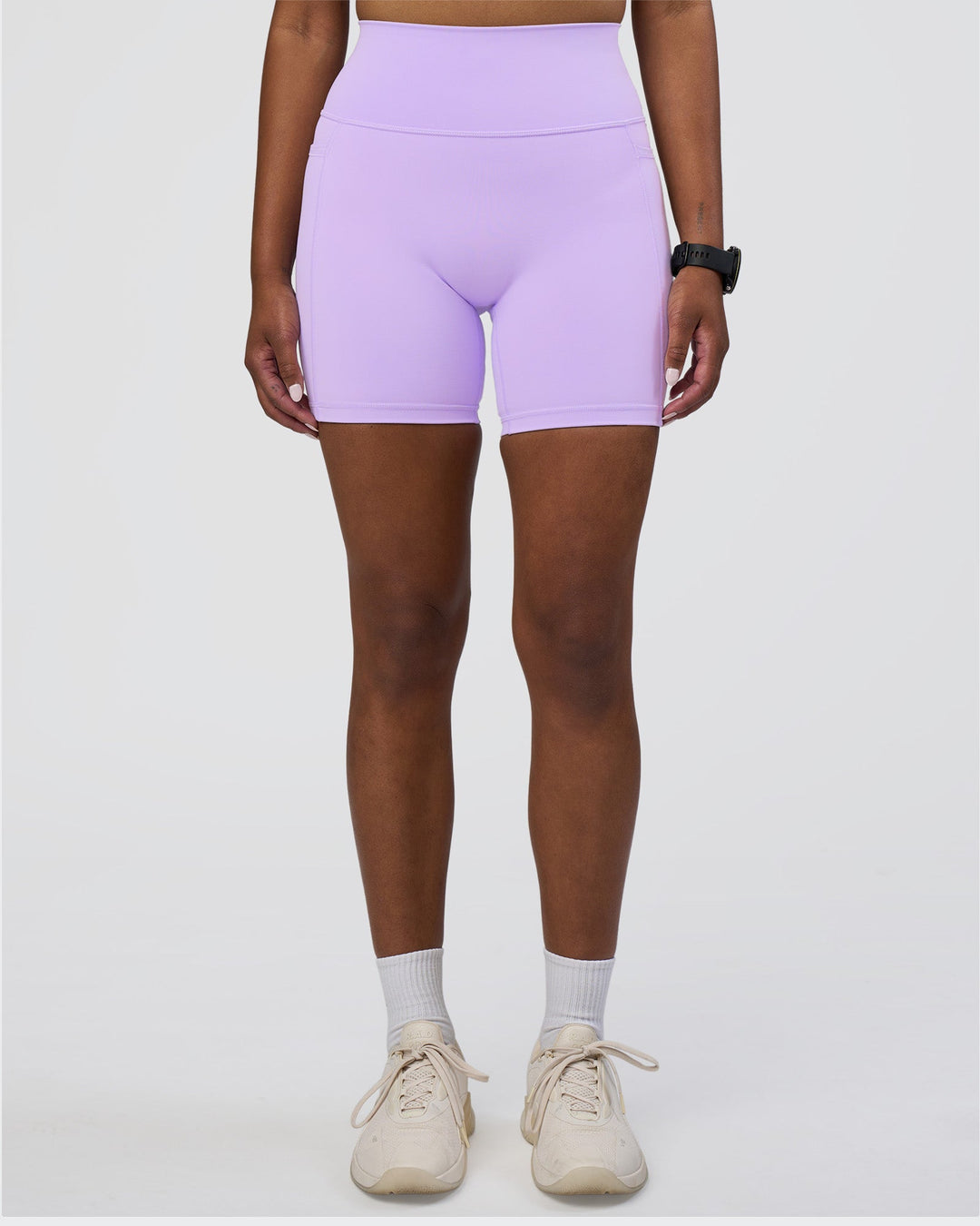 Woman wearing Fusion Ultra High-Rise 6&quot; Short Pockets - Pale Lilac | Model:Rica | Size:S