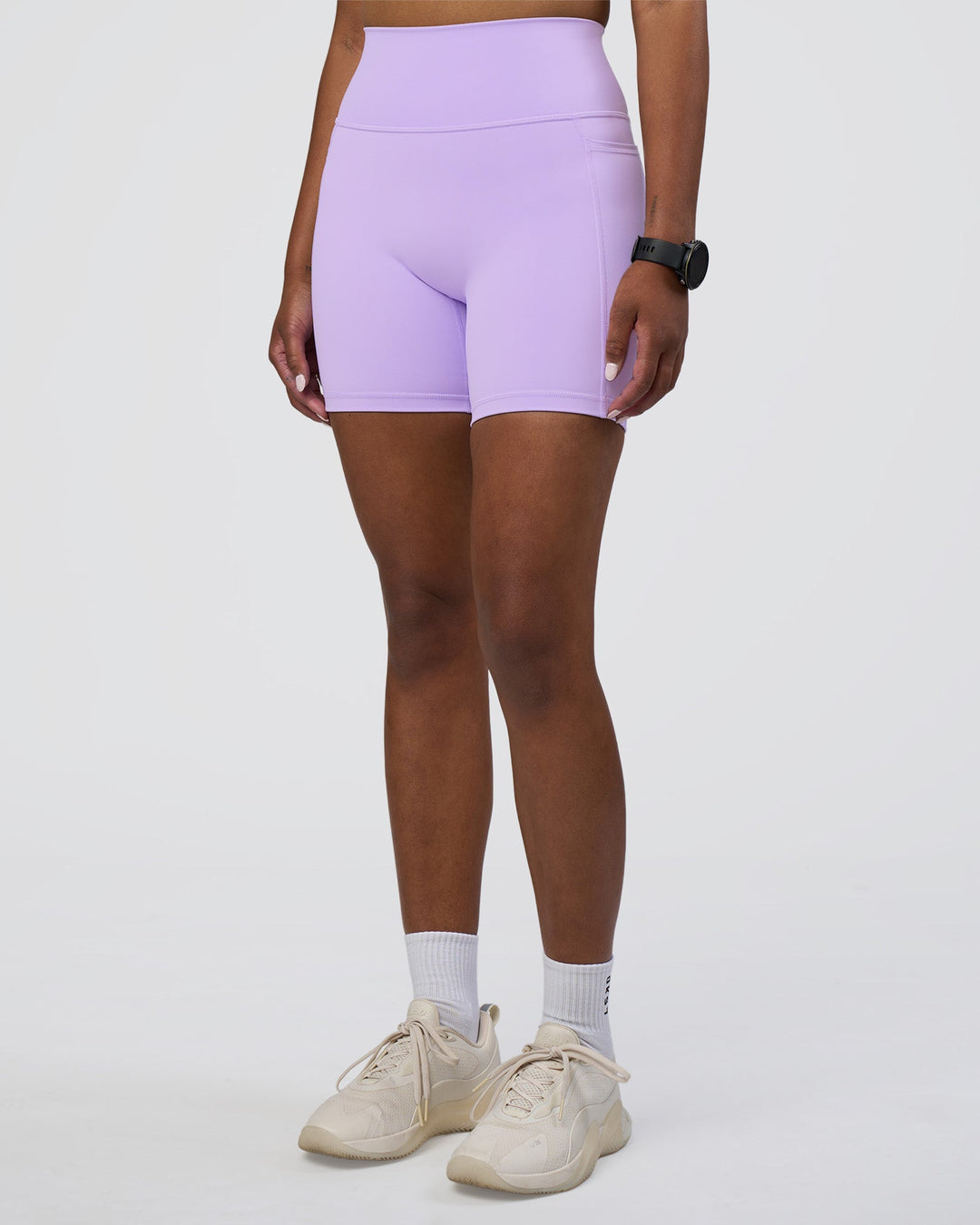 Woman wearing Fusion Ultra High-Rise 6&quot; Short Pockets - Pale Lilac | Model:Rica | Size:S