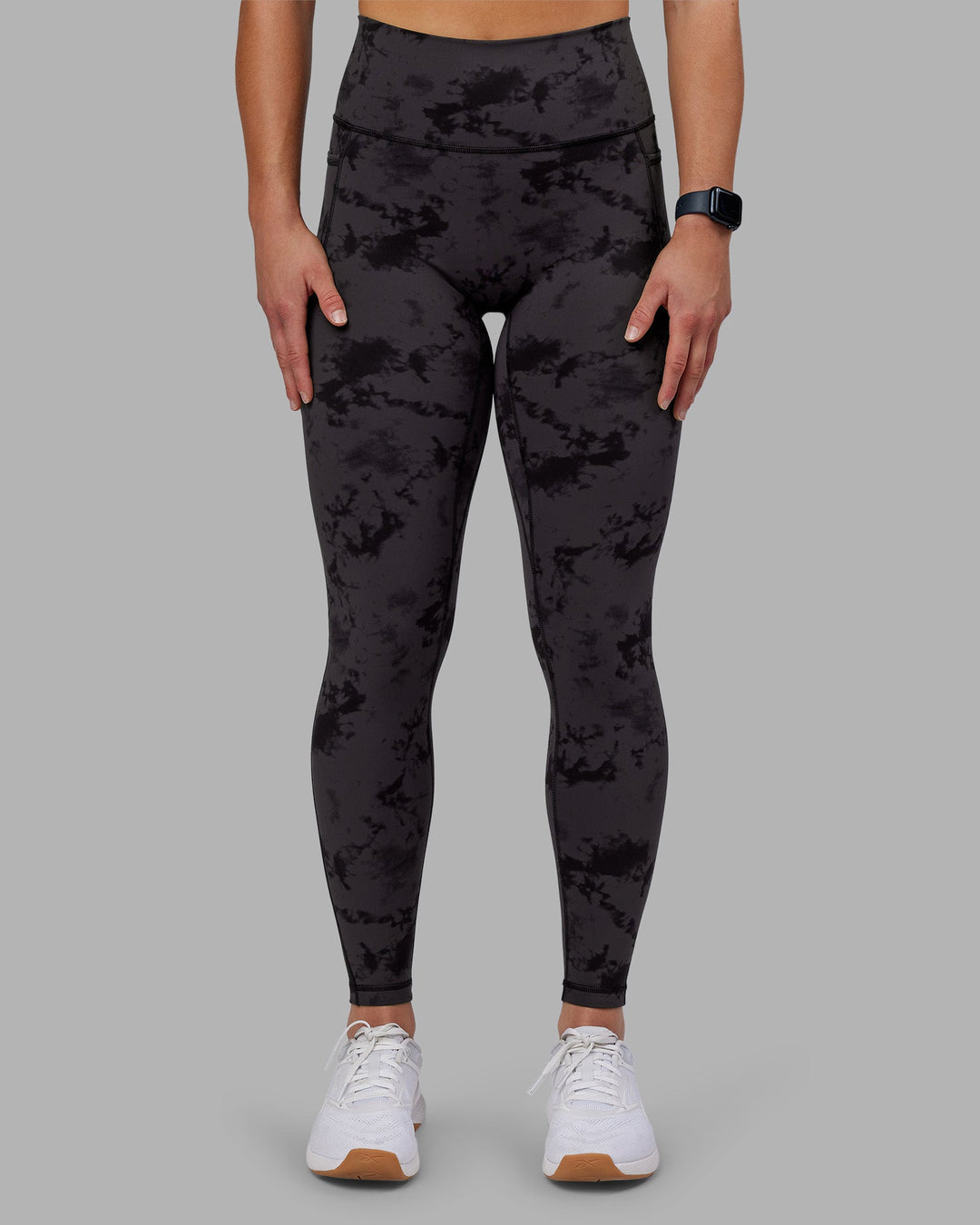 Woman wearing Fusion Ultra High-Rise Full Length Legging Pockets - Black Tie Dye | Model:Keisha | Size:S