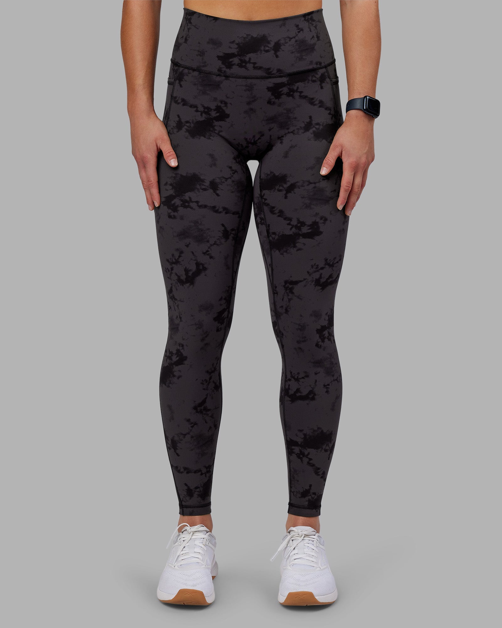 Woman wearing Fusion Ultra High-Rise Full Length Legging Pockets - Black Tie Dye | Model:Keisha | Size:S